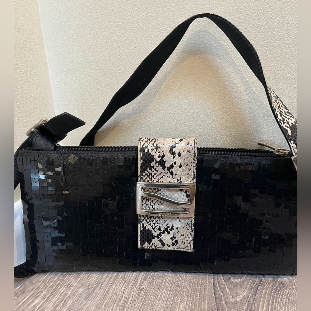 Sachi Black Sequin New Handbag with Faux Snakeskin Trim
